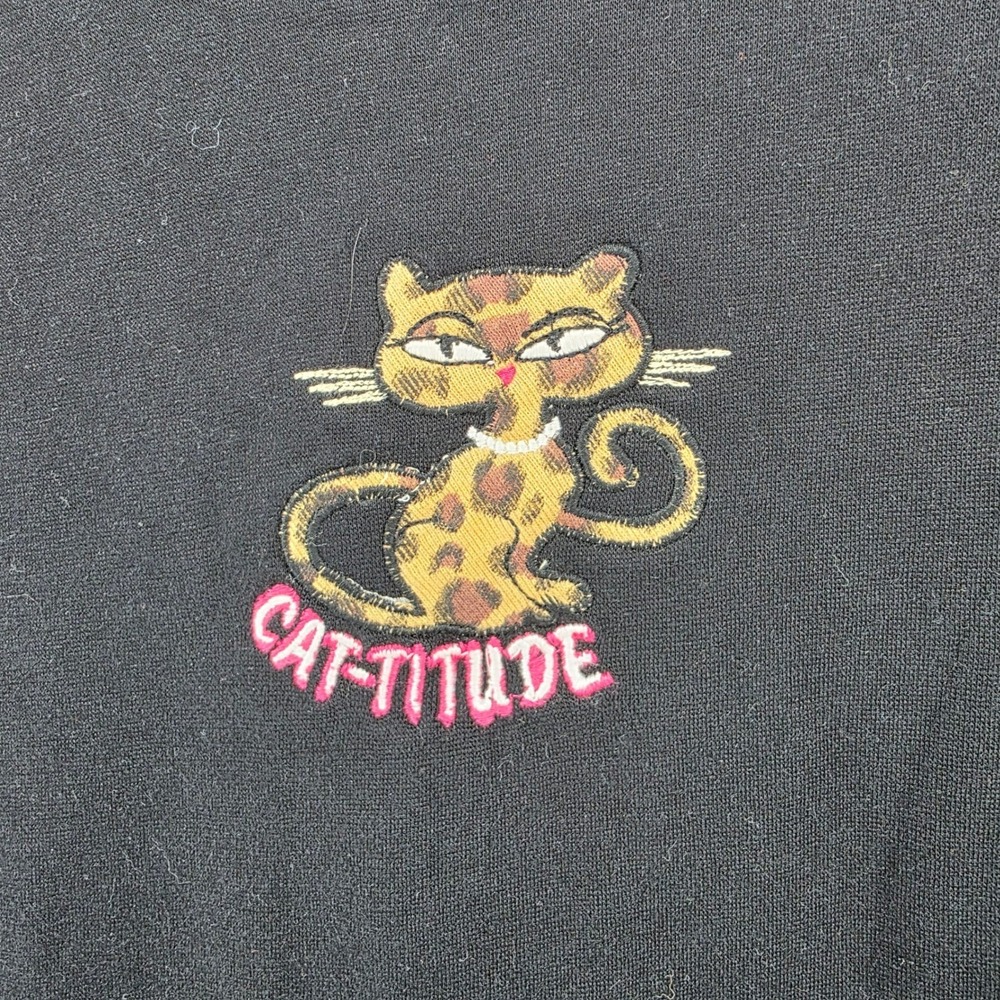 Seventh Avenue Black Cat-Titude Embroidered Long Sleeve Graphic Top Small y2k